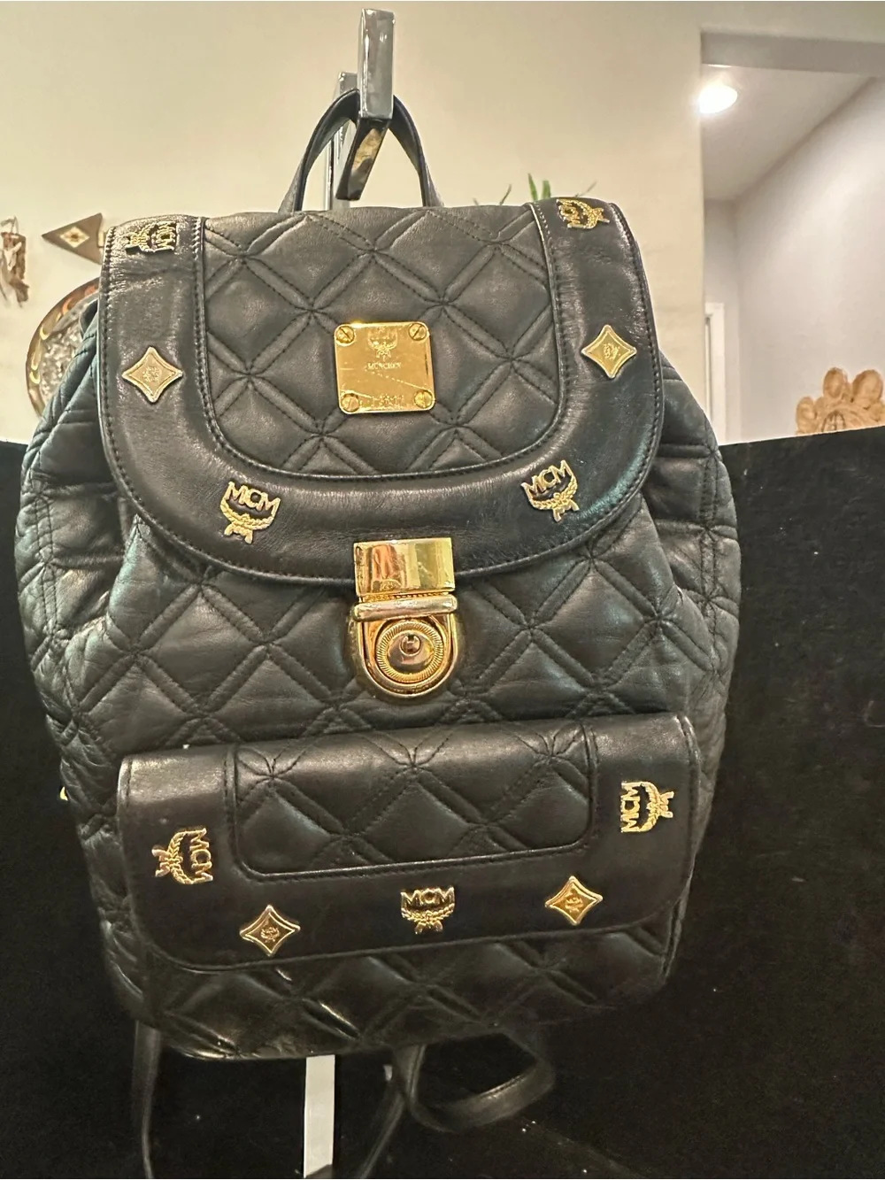 MCM # 226 Quilted Black Leather Backpack Gold Hardware/Logo Studs